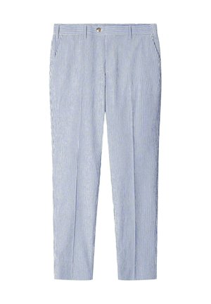 Pantaloni a righe in azzurro chiaro e bianco, con un design classico, tasche frontali e una chiusura con un unico bottone in vita.