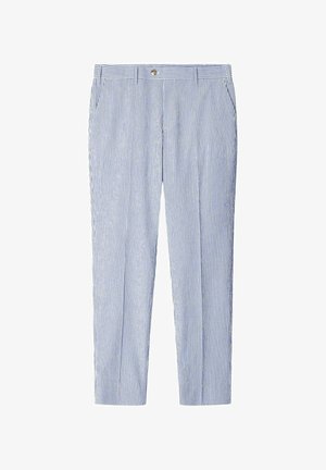 Pantalones de rayas en azul claro y blanco, con un diseño clásico, bolsillos delanteros y un cierre de botón único en la cintura.