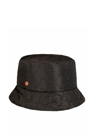 Gesteppter schwarzer Bucket Hat mit Diamantmuster-Steppung und einem kleinen runden orangefarbenen Logo-Aufnäher an der Seite.