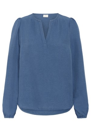 Blouse longue bleue en tissu léger avec un décolleté en V, des épaules plissées et des poignets élastiques. Surface texturée avec une coupe décontractée.