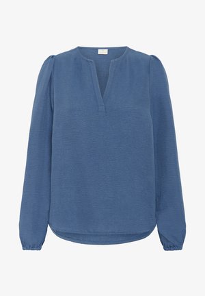 Blue long-sleeve blouse in lightweight fabric with a V-neck, pleated shoulders, and elastic cuffs. Textured surface with a relaxed fit.