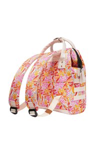 Backpack featuring a floral pattern in pink, orange, and white, made from durable fabric with adjustable straps and a zippered pocket.