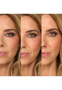 Three close-up portraits of a woman showing varying cosmetic effects. Highlights include green eyes, light brown hair, and smooth skin texture.