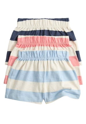 Drei Paar Shorts mit elastischem Bund gestapelt, jeweils mit horizontalen Streifen in Marine/Weiß, Pink/Weiß und Hellblau/Weiß.