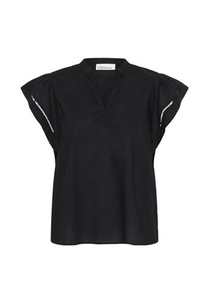 Crna kratka bluzica s kratkim rukavima, v-izrezom i nabranim detaljima na ramenima, s dekorativnim šavovima duž rukava.