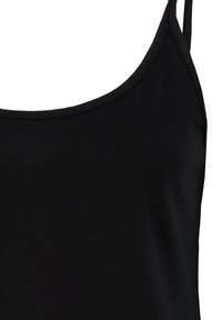 Black tank top made of soft, stretchy fabric. Features a rounded neckline and thin straps. Smooth texture with no visible patterns or accents.