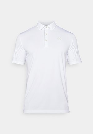 Biała koszulka polo wykonana z gładkiego materiału. Posiada klasyczny kołnierzyk, zapięcie na trzy guziki i subtelne logo na lewej piersi. Krótkie rękawy.