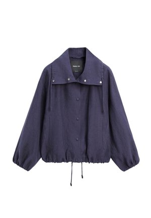 Granatowa, lekka kurtka z długim rękawem, zapinana na zatrzaski, ze ściągaczem na dole, elastycznymi mankietami i szerokim kołnierzem z metalowymi zatrzaskami.