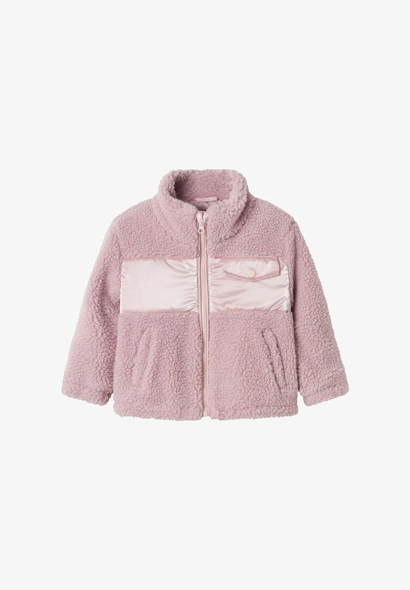 Rosa Fleece-Jacke mit hohem Kragen, Reißverschluss vorne und Satinpaneel über der Brust. Mit strukturiertem Stoff und seitlichen Taschen.