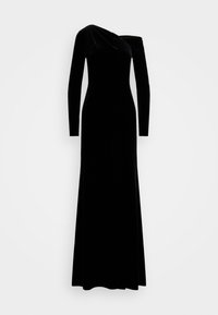 Černé sametové šaty s přiléhavým siluetou. Mají dlouhé rukávy a asymetrický výstřih, což vytváří hladký, elegantní design.