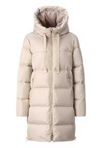 Beige pufferjas met een hoge kraag, een rits aan de voorkant en trekkoorden. Heeft gewatteerde delen en een gladde textuur. Inclusief zijzakken.