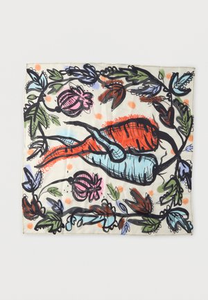 Ruutpaik sall siidist, millel on elav lillemuster punases, sinises, roosas ja rohelises beežikreemi taustal mustade joonte ja oranžide aktsentidega.