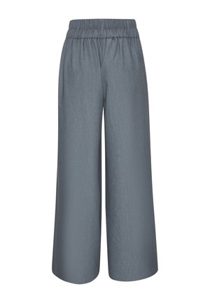 Grau weit geschnittene Hose mit elastischem Bund, glattem Stoff und ohne sichtbare Taschen oder Verzierungen.