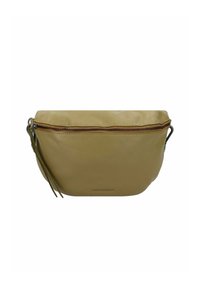 Borsa a vita in pelle verde oliva con cerniera marrone e tracolla regolabile, con un sottile marchio in rilievo sulla parte anteriore.