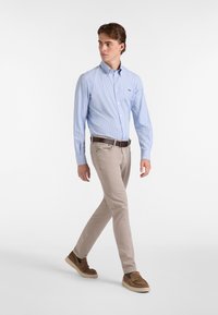 Camicia a righe blu chiaro con bottoni, pantaloni beige e scarpe slip-on marroni. Modello che cammina con le mani rilassate ai lati. Design semplice, vestibilità casual.