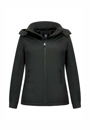 Zwarte jas met ritssluiting en capuchon, twee ritssluitingzakken aan de voorkant en lange mouwen, weergegeven op een witte achtergrond.