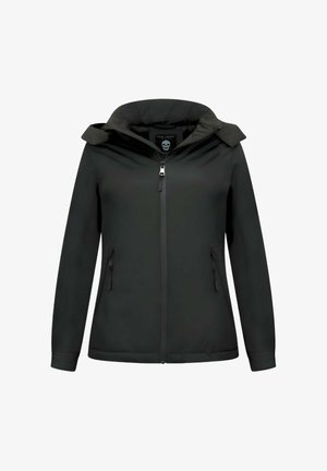 Zwarte jas met ritssluiting en capuchon, twee ritssluitingzakken aan de voorkant en lange mouwen, weergegeven op een witte achtergrond.