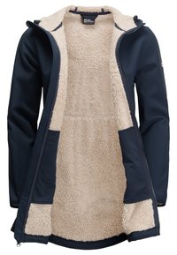 Marinblått ytterjacka av mjukt skal med beige, fleece-liknande foder; har en dragkedjestängning och sidofickor. Nederkant och ärmar har en mjuk textur.