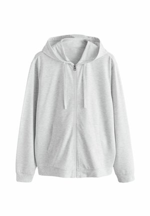 Light grey zip-up hoodie with front pockets, drawstring hood, and ribbed cuffs displayed against a white background.