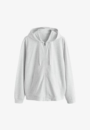 Hanorac gri deschis cu fermoar, buzunare frontale, glugă cu șnur și manșete striate, prezentat pe un fundal alb.