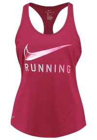 Bordeaux sporttop met een ronde hals. Kenmerkt zich door een groot wit "NIKE" logo en "RUNNING" tekst in wit en roze. Gemaakt van ademend materiaal.
