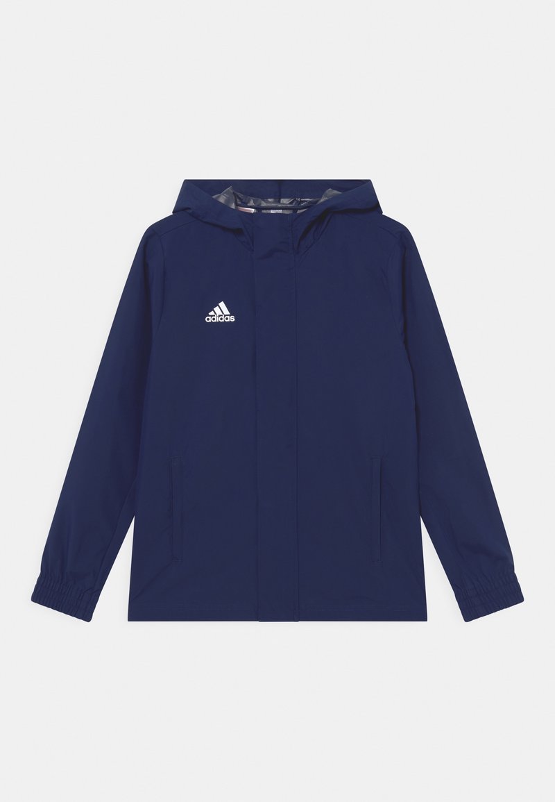 Navy blue Adidas jacket with hood, front zipper covered by flap, elastic cuffs, and two side pockets.