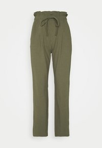 Pantalones de color verde oliva de tiro alto con cintura elástica y cordón; diseño delantero con pliegues, tela suave y corte de pierna recta.