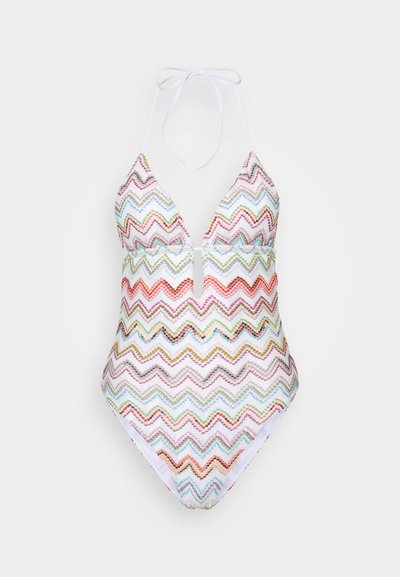 Costume da bagno con motivo zigzag multicolore, scollo a V profondo, spalline ad incrocio e apertura frontale. Realizzato in materiale liscio e elasticizzato.