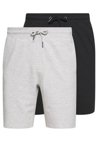 Deux paires de shorts pour hommes : une grise, l'autre noire. Les deux disposent d'une taille à cordon coulissant et sont fabriquées en tissu doux et respirant.