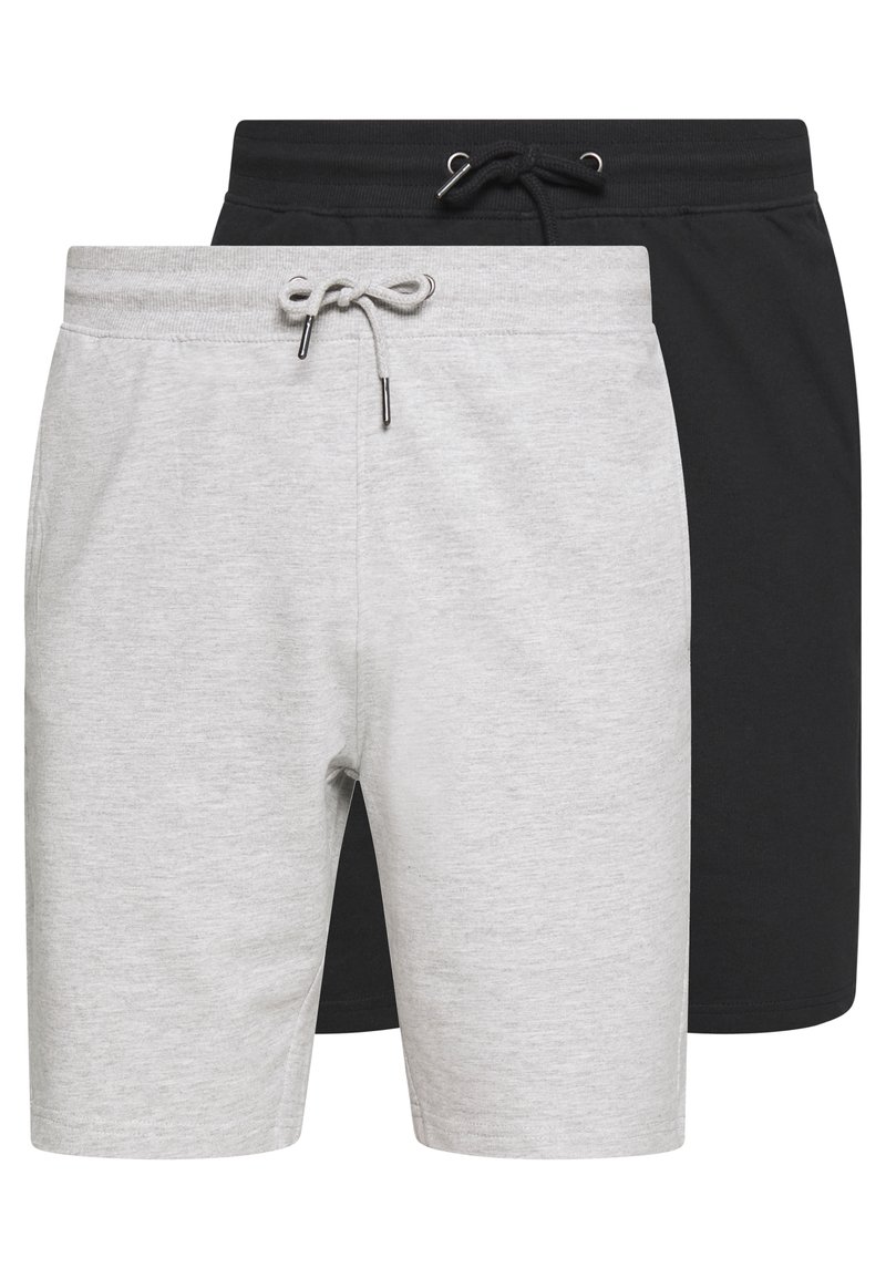 Deux paires de shorts pour hommes : une grise, l'autre noire. Les deux disposent d'une taille à cordon coulissant et sont fabriquées en tissu doux et respirant.