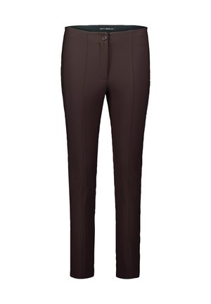 Pantaloni marroni su misura con una vestibilità slim, dotati di chiusura con un solo bottone, passanti per la cintura e dettagli delle cuciture sottili. Tessuto liscio.