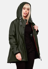 Olive green waterproof jacket with a hood, featuring black accents, a zip and snap closure, and red lining. Adjustable drawstrings on the hood.