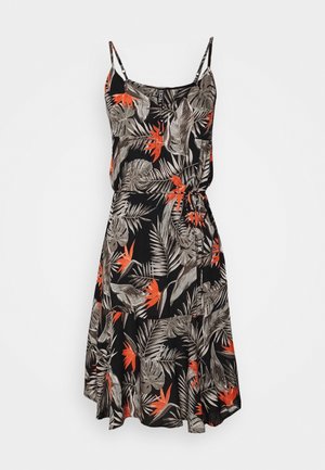 Svart klänning med ett tropiskt bladmönster i grått och orange. Har justerbara spaghettistrappar och en knytning i midjan för en figurnära passform.