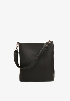 Black leather shoulder bag with a smooth texture, rectangular shape, and adjustable strap. Features gold-tone hardware accents.
