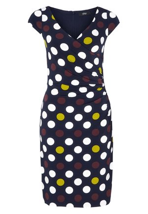 Robe bleu marine à pois blancs, marron et jaunes, manches courtes, col en V et détail froncé à la taille.