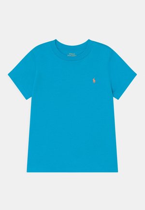 T-shirt à manches courtes bleu vif avec col rond et petit logo Polo Ralph Lauren orange sur la poitrine gauche.