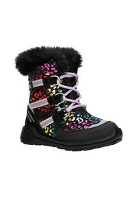 Wasserdichte schwarze Schneestiefel mit Regenbogen-Leopardenmuster, Kunstfellkragen und lila Schnürsenkeln. Strukturiertes Gummisohle für Grip und Langlebigkeit.
