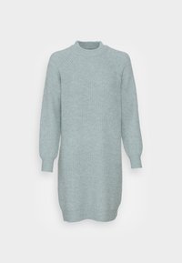 Abito lavorato a maglia azzurro chiaro con scollatura rotonda, maniche lunghe a raglan e polsini a coste. Tessuto testurizzato con una vestibilità rilassata e lunghezza media.