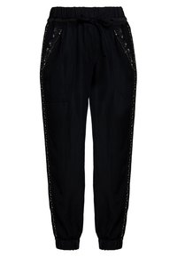Czarne dresowe spodnie z elastycznym pasem i mankietami, wiązaniem na sznurki, bocznymi kieszeniami oraz ozdobnym oczkowym haftem i haftem kwiatowym wzdłuż boków i kieszeni.