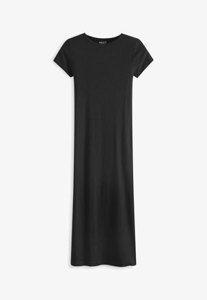 Must have lühikeste varrukatega must maksikleit, millel on lihtne ja sirge lõige. Valmistatud sujuvast ja venivast kangast, mis tagab mugavuse ja kerge selga tõmbamise.