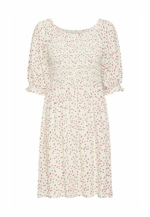 Florale katoenen jurk met korte puffmouwen, versmalde taille en een lichtcreme achtergrond. Bevat een klein roze bloemenpatroon over de hele jurk.