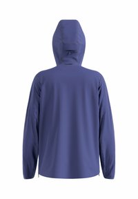Water-resistant purple jacket with a hood, long sleeves, and elastic cuffs. Features a smooth texture and adjustable hem for fit.