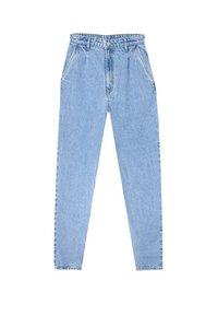 Helle blaue High-Waist-Jeans aus Denim mit schmal zulaufenden Beinen, Frontknopf und Reißverschluss, zwei vorderen Taschen und Gürtelschlaufen.