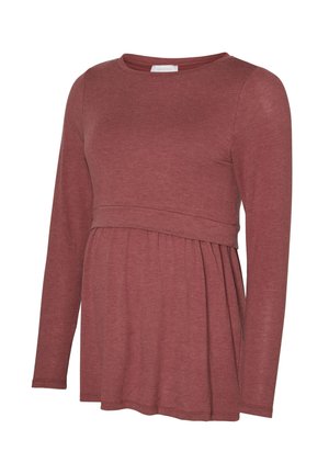 Zwangertop in roestkleur, lange mouwen, ronde halslijn, met een gathered taille voor een goede pasvorm en zachte, rekbare stof.