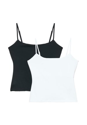 Zwei eng anliegende Camisoles mit dünnen Trägern, eine schwarze und eine weiße, übereinandergelegt vor weißem Hintergrund.