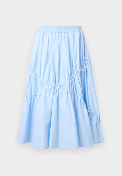 Φούστα μέσης σε ανοιχτό μπλε χρώμα με ελαστική ζώνη μέσης, πιέτες και ρυθμιζόμενα κορδόνια για φουσκωτό σιλουέτα.