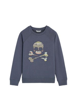 Sudadera azul marino con un diseño estampado de calavera y huesos cruzados centrado en la parte delantera. Mangas largas y puños y dobladillo acanalados.