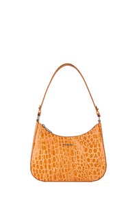 Orangefarbene Handtasche aus Kroko-Prägung mit geschwungenem Profil, verstellbarem Schultergurt und silberfarbenen Hardware-Details.