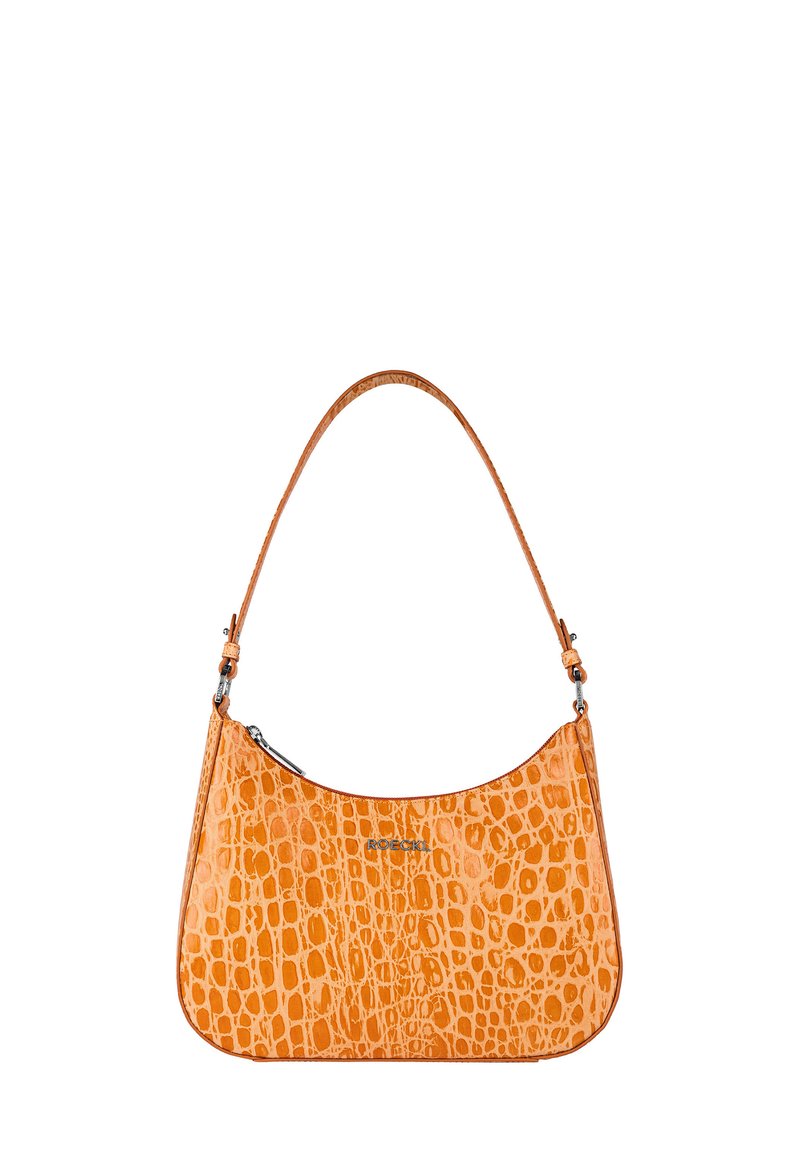 Orangefarbene Handtasche aus Kroko-Prägung mit geschwungenem Profil, verstellbarem Schultergurt und silberfarbenen Hardware-Details.