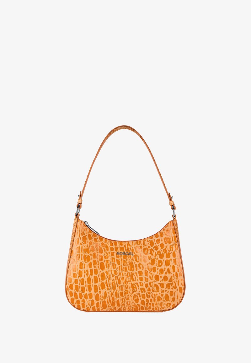 Orangefarbene Handtasche aus Kroko-Prägung mit geschwungenem Profil, verstellbarem Schultergurt und silberfarbenen Hardware-Details.